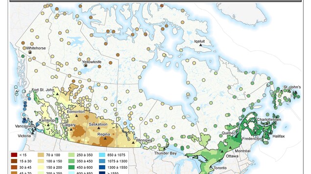 Carte des précipitations (mm) tombées entre le 1er septembre 2017 et le 21 janvier 2018 au Canada. Carte des précipitations (mm) tombées entre le 1er septembre 2017 et le 21 janvier 2018 au Canada.