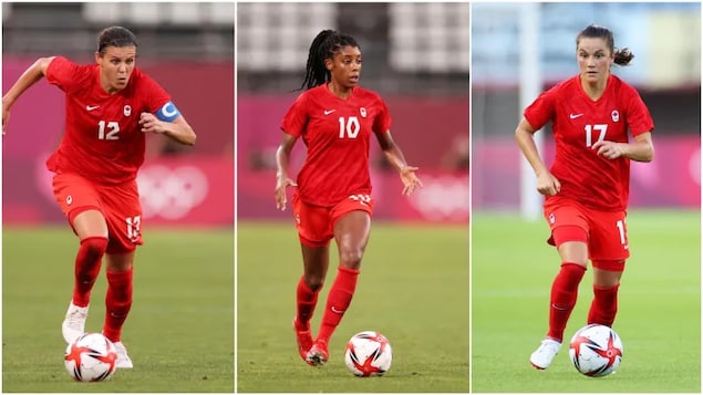 From left to right, Christine Sinclair, Ashley Lawrence and Jessie Fleming are the first three Canadian women's soccer players to be nominated for the coveted Ballon d'Or, presented to the world's top player. 