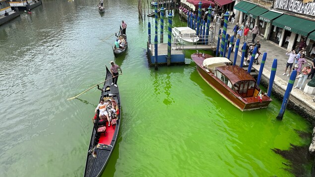 Un canal sur lequel naviguent deux gondoles.