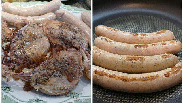 Dans une assiette le canard confit et la saucisse Toulouse à droite la saucisse rôtie dans la poêle. Dans une assiette le canard confit et la saucisse Toulouse à droite la saucisse rôtie dans la poêle.