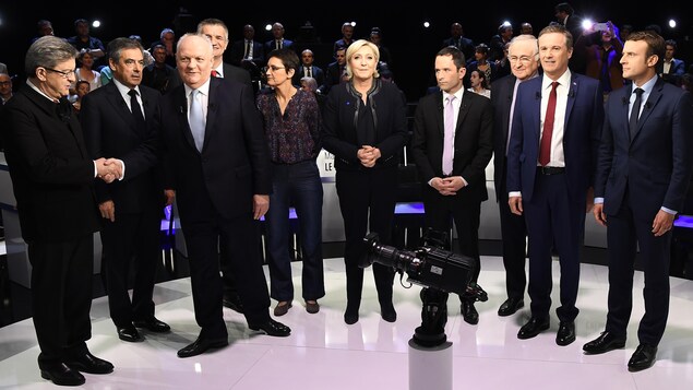 (De g. à dr.) Jean-Luc Mélenchon, Francois Fillon, Francois Asselineau, Jean Lassalle, Nathalie Arthaud, Marine Le Pen, Benoit Hamon, Jacques Cheminade, Nicolas Dupont-Aignan et Emmanuel Macron