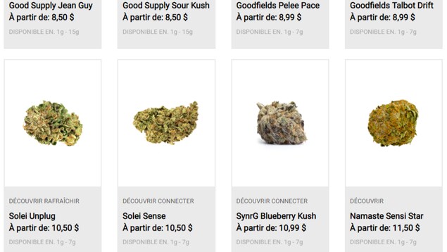 Capture d'écran du site cannabis-nb.com le 15 octobre 2018 montrant 8 variétés différentes de cannabis en fleurs séchées. Capture d'écran du site cannabis-nb.com le 15 octobre 2018 montrant 8 variétés différentes de cannabis en fleurs séchées.