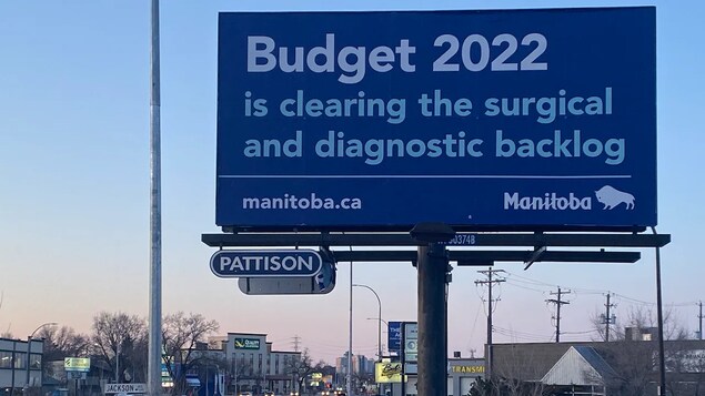 Un panneau publicitaire affirme que le Buget 2022 du gouvernement manitobain permettrait de remédier au retard dans les chirurgies.
