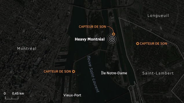 Carte représentant les trois endroits où ont été placés des capteurs de son pendant le festival Heavy Montréal. Carte représentant les trois endroits où ont été placés des capteurs de son pendant le festival Heavy Montréal.
