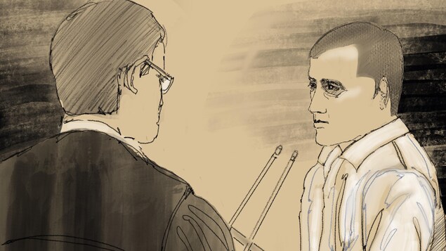Un croquis de Carl Girouard qui témoigne à son procès.