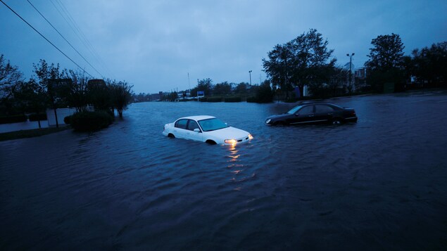 Deux voitures sont submergées par l'eau qui a complètement inondé les routes de Wilmington, en Caroline du Nord. Deux voitures sont submergées par l'eau qui a complètement inondé les routes de Wilmington, en Caroline du Nord.