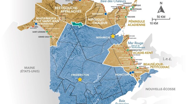 La carte du Nouveau-Brunswick comprenant notamment les frontières actuelles et proposées des Commissions de services régionaux.