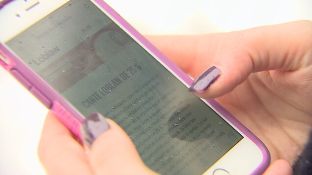 Les mains d'une femme qui tient un téléphone intelligent dont le navigateur affiche le site internet mobile de Loblaw. Les mains d'une femme qui tient un téléphone intelligent dont le navigateur affiche le site internet mobile de Loblaw.