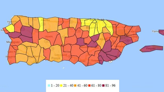 Cette carte montre le pourcentage de sites de télécommunication cellulaire hors service dans chaque comté de Porto Rico au 31 octobre 2017. Plus la couleur est foncée, plus le réseau demeure perturbé. Cette carte montre le pourcentage de sites de télécommunication cellulaire hors service dans chaque comté de Porto Rico au 31 octobre 2017. Plus la couleur est foncée, plus le réseau demeure perturbé.