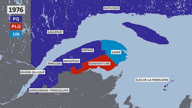 Carte des circonscriptions du Bas-Saint-Laurent, de la Gaspésie-Les Îles et de la Côte-Nord.