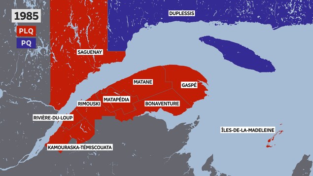 Les élections de 1985 ont rougi l'Est-du-Québec, exception faite du comté de Duplessis.