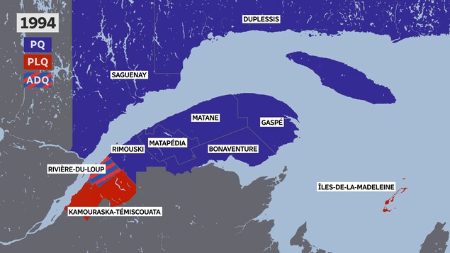 L'Est-du-Québec redevient bleu en 1994, sauf aux Îles, dans le Kamouraska-Témiscouata et Rivière-du-Loup.