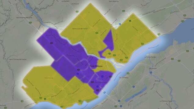 Carte de la ville de Trois-Rivières avec des zones en mauve et en jaune Carte de la ville de Trois-Rivières avec des zones en mauve et en jaune