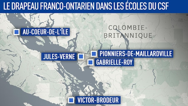 Une carte situe les cinq écoles qui ont hissé le drapeau franco-ontarien. Une carte situe les cinq écoles qui ont hissé le drapeau franco-ontarien.