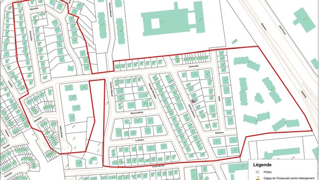 Une carte montrant un voisinage de Gatineau et le périmètre d'intervention des services d'urgence. Une carte montrant un voisinage de Gatineau et le périmètre d'intervention des services d'urgence.