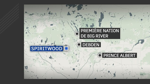 Une carte géographique sur laquelle les municipalités de Spiritwood, de Debden, de Prince Albert sont indiquées. Une carte géographique sur laquelle les municipalités de Spiritwood, de Debden, de Prince Albert sont indiquées.