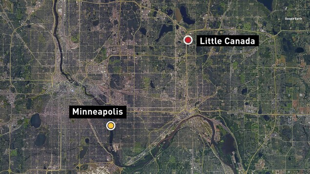 Une photo aérienne de la région de Minneapolis aux États-Unis où est indiqué l'emplacement de Little Canada au nord-est. Une photo aérienne de la région de Minneapolis aux États-Unis où est indiqué l'emplacement de Little Canada au nord-est.