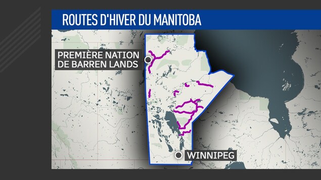 Une carte du Manitoba indique le tracé des routes d'hiver en violet. Une carte du Manitoba indique le tracé des routes d'hiver en violet.