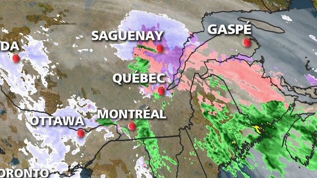 Le rose désigne les régions où de la pluie verglaçante est prévue. Le rose désigne les régions où de la pluie verglaçante est prévue.