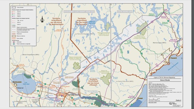 Une carte qui présente le tracé de la future ligne de transmission hydro-électrique.