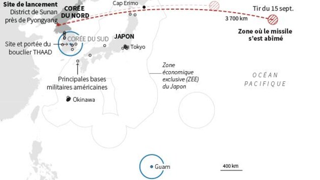 Carte de l’océan Pacifique localisant la trajectoire du missile nord-coréen qui a survolé l'île japonaise de Hokkaido avant de s'abîmer dans le Pacifique. Carte de l’océan Pacifique localisant la trajectoire du missile nord-coréen qui a survolé l'île japonaise de Hokkaido avant de s'abîmer dans le Pacifique.