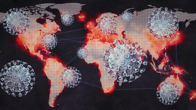 Illustration montrant une carte du monde avec des coronavirus.