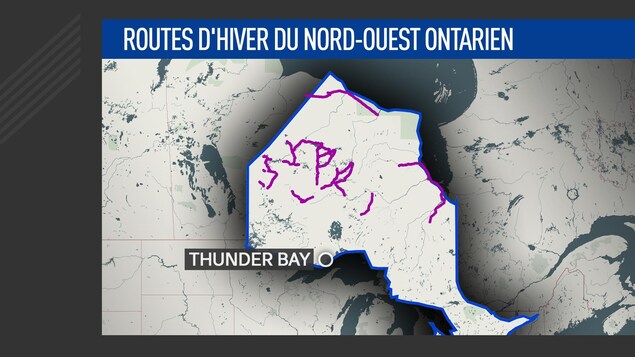 Une carte de l'Ontario indique le tracé des routes d'hiver en violet. Une carte de l'Ontario indique le tracé des routes d'hiver en violet.