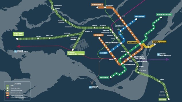 Le REM reliera à la fois le centre-ville de Montréal, la Rive-Sud, l'Ouest-de-l'Île (Sainte-Anne-de-Bellevue), la Rive-Nord (Deux-Montagnes) et l'aéroport.. Le REM reliera à la fois le centre-ville de Montréal, la Rive-Sud, l'Ouest-de-l'Île (Sainte-Anne-de-Bellevue), la Rive-Nord (Deux-Montagnes) et l'aéroport..