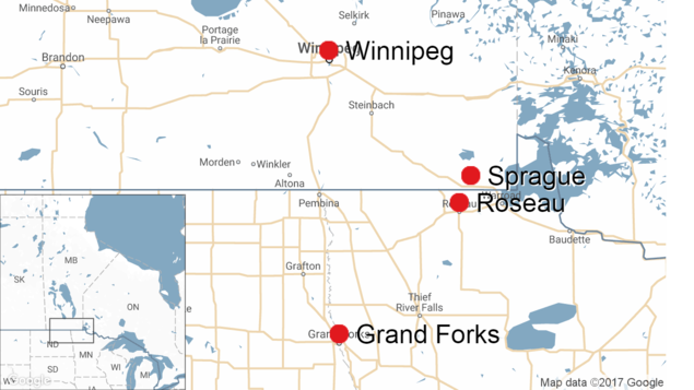 Carte sur laquelle on voit les localités de Winnipeg, Sprague, Roseau et Grand Forks Carte sur laquelle on voit les localités de Winnipeg, Sprague, Roseau et Grand Forks