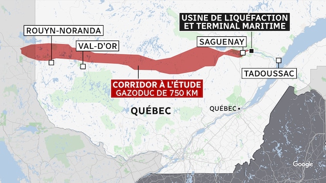 Carte illustrant un tracé partant de Rouyn-Noranda à Saguenay, où GNL Québec veut construire une usine de liquéfaction de gaz naturel et un terminal maritime.