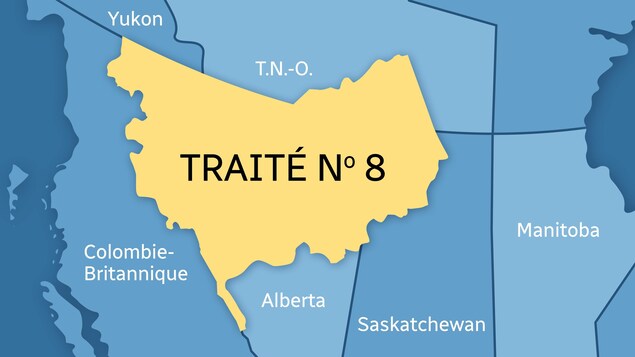 Le territoire couvert par le Traité no 8 regroupe le nord-ouest de la Saskatchewan, la moitié nord de l'Alberta, le nord-est de la Colombie-Britannique ainsi qu’une partie du sud des Territoires du Nord-Ouest. 