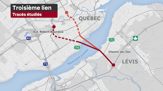 Un tracé se dirige vers l'autoroute Robert-Bourassa, tandis que l'autre se dirige vers le boulevard Pierre-Bertrand.