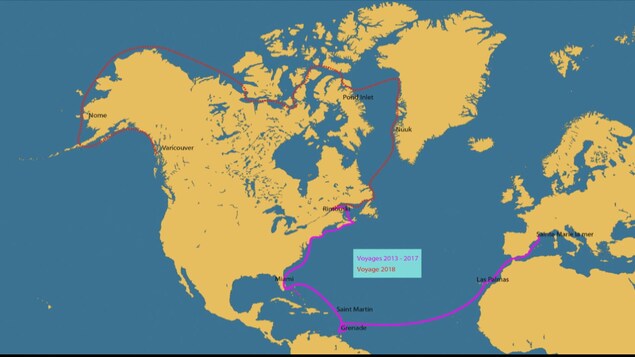 Carte du monde avec un tracé partant de la France, se rendant à Rimouski, puis jusqu'à Vancouver. Carte du monde avec un tracé partant de la France, se rendant à Rimouski, puis jusqu'à Vancouver.