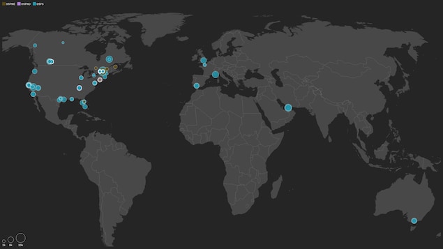 Carte sombre du monde avec points des lieux de voyages.
