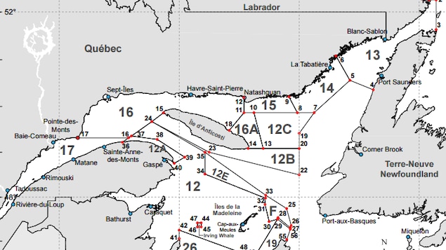 Une carte des zones de pêche au crabe des neiges en Atlantique Une carte des zones de pêche au crabe des neiges en Atlantique