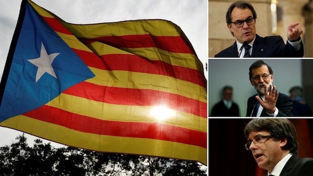 Montage photo montrant à gauche le drapeau de la Catalogne et à droite, les dirigeants Artur Mas, Mariano Rajoy et Carles Puigdemont.