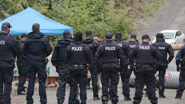 Une douzaine de policiers devant les barricades.
