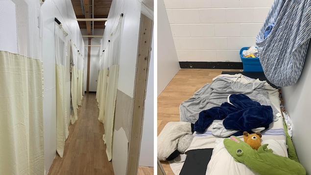 Un couloir au Centre jeunesse de Rouyn-Noranda menant aux chambres temporaires avec des rideaux qui servent de portes.