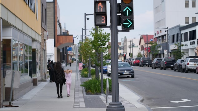 Des passants, dont une femme et une petite fille marchant le trottoir, ainsi que des véhicules stationnés de chaque côté de la rue.