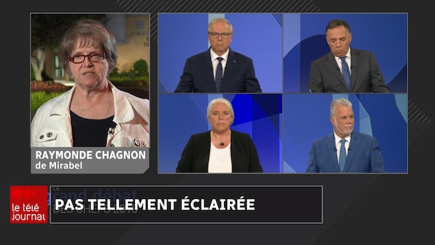 L'écran montre Raymonde Chagnon, à Mirabel, (à gauche) et les quatre chefs, en studio L'écran montre Raymonde Chagnon, à Mirabel, (à gauche) et les quatre chefs, en studio