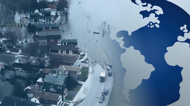 Une photo de la rue Jacques-Cartier se fond dans une infographie de la terre.