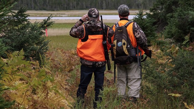 Deux chasseurs à l'orée d'un bois observe une étendue ouverte.