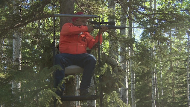 Bruno Ouellette assis sur un siège installé dans les arbres regarde dans le viseur de son fusil. Bruno Ouellette assis sur un siège installé dans les arbres regarde dans le viseur de son fusil.