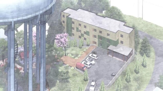 Un croquis architectural d'un édifice à plusieurs étages
