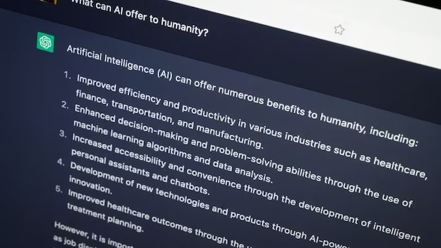 ChatGPT's answer to the question 'What can AI offer to humanity?' seen on a laptop screen in February in London, England. (Leon Neal/Getty Images)