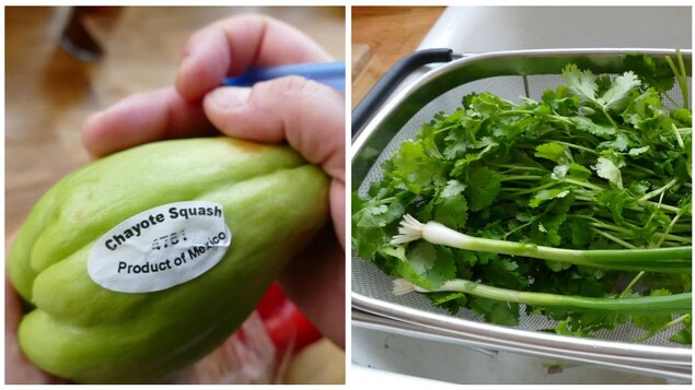 Une chayote, de la coriandre et des échalotes. Une chayote, de la coriandre et des échalotes.