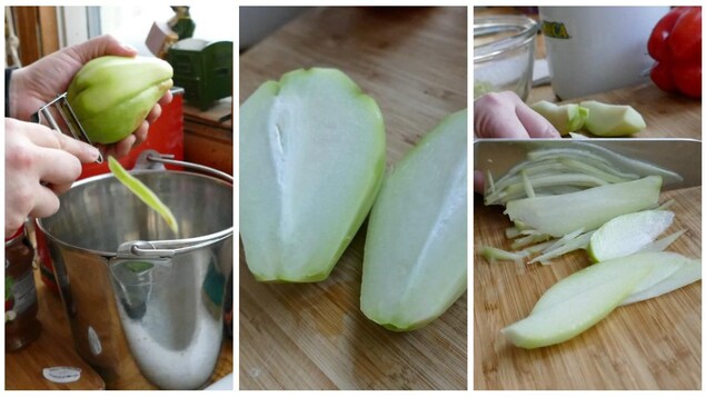 Peler et hacher la chayote pour la salsa. Peler et hacher la chayote pour la salsa.