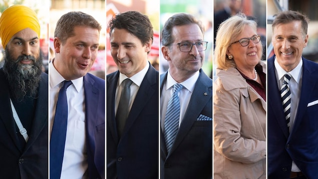 Jagmeet Singh (Nouveau Parti démocratique), Andrew Scheer (Parti conservateur), Justin Trudeau (Parti libéral), Yves-François Blanchet (Bloc québécois), Elizabeth May (Parti vert) et Maxime Bernier (Parti populaire) à leur arrivée au débat des chefs en français.