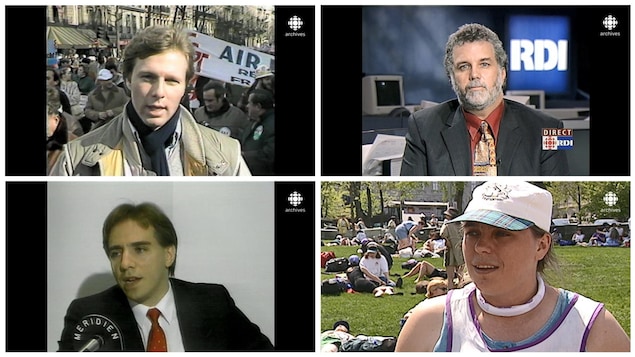 Écran divisé avec des captures d'archives de Jean-François Lisée, Philippe Couillard, François Legault et Manon Massé.