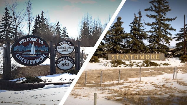À gauche, l'enseigne de bienvenue de Chestermere et à droite, l'enseigne de bienvenue de Strathmore.